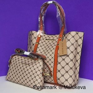 New! Steve Madden Beige/Orange Tote Bag and Crossbody Bag Bteresaa Faux Leather